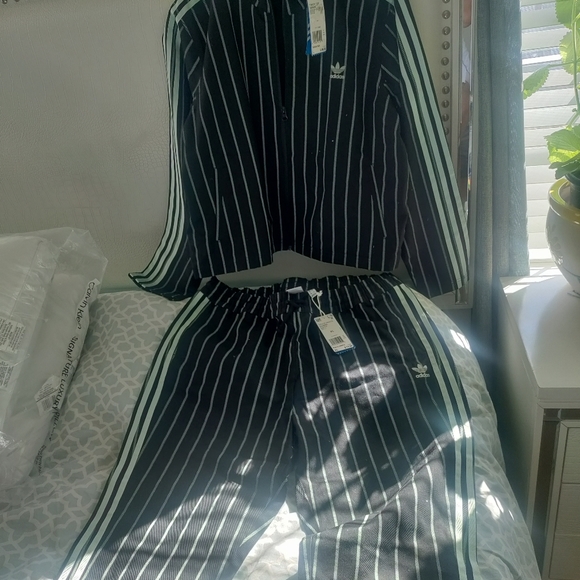 Adidas Originals 2pc Set Jacket  Pants Black Mint Pinstripe Cotton Denim L-XL/XL - Picture 12 of 14
